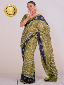 Akhilam - Womens Cotton Olive Printed Ready To Wear Saree with Unstitched Blouse