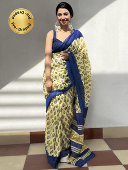 Sareemall - Womens Cotton Cream Printed Ready To Wear Saree with Unstitched Blouse