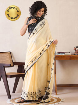 Sareemall - Womens Cotton Cream Printed Ready To Wear Saree with Unstitched Blouse