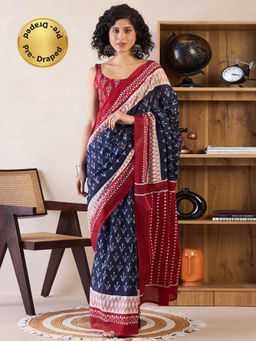 Sareemall - Womens Cotton Navy Blue Printed Ready To Wear Saree with Unstitched Blouse