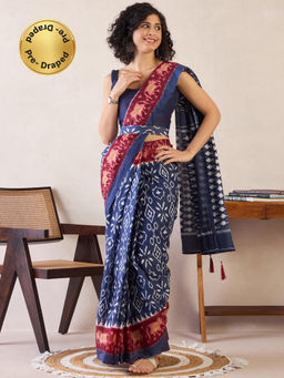 Sareemall - Womens Cotton Navy Blue Printed Ready To Wear Saree with Unstitched Blouse
