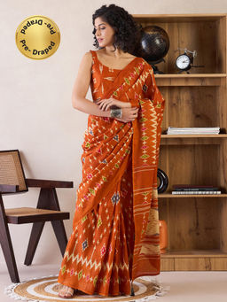 Sareemall - Womens Cotton Orange Printed Ready To Wear Saree with Unstitched Blouse