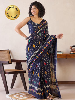 Sareemall - Womens Cotton Navy Blue Printed Ready To Wear Saree with Unstitched Blouse