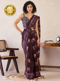Sareemall - Womens Cotton Burgundy Printed Ready To Wear Saree with Unstitched Blouse