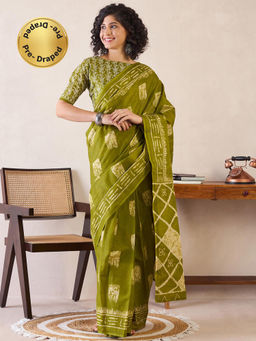 Sareemall - Womens Cotton Green Printed Ready To Wear Saree with Unstitched Blouse