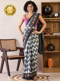 Sareemall - Womens Cotton Charcoal Grey Printed Ready To Wear Saree with Unstitched Blouse