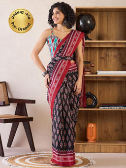Sareemall - Womens Cotton Black Printed Ready To Wear Saree with Unstitched Blouse
