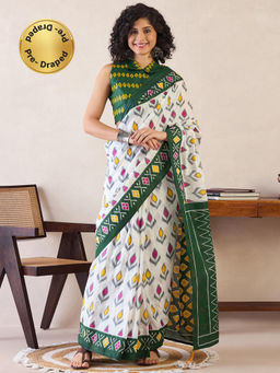 Sareemall - Womens Cotton White Printed Ready To Wear Saree with Unstitched Blouse