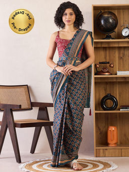 Sareemall - Womens Cotton Teal Blue Printed Ready To Wear Saree with Unstitched Blouse