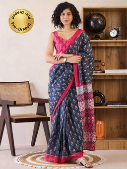 Sareemall - Womens Cotton Charcoal Grey Printed Ready To Wear Saree with Unstitched Blouse