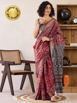 Akhilam - Womens Cotton Brown Printed Ready To Wear Saree with Unstitched Blouse