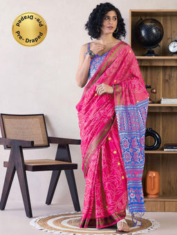 Sareemall - Womens Cotton Pink Printed Ready To Wear Saree with Unstitched Blouse