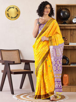 Sareemall - Womens Cotton Yellow Printed Ready To Wear Saree with Unstitched Blouse