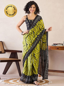 Sareemall - Womens Cotton Olive Printed Ready To Wear Saree with Unstitched Blouse