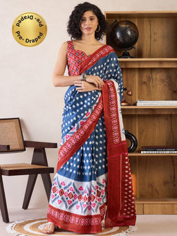 Sareemall - Womens Cotton Navy Blue Printed Ready To Wear Saree with Unstitched Blouse