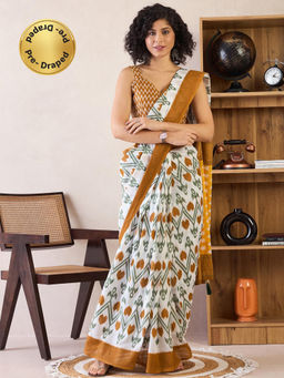 Sareemall - Womens Cotton White Printed Ready To Wear Saree with Unstitched Blouse
