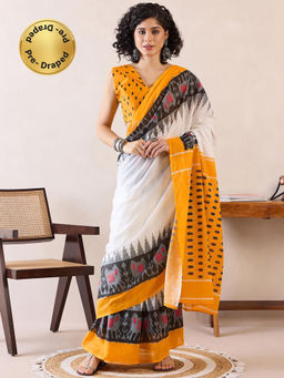 Sareemall - Womens Cotton White Printed Ready To Wear Saree with Unstitched Blouse
