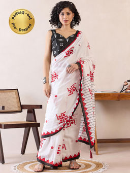 Sareemall - Womens Cotton White Printed Ready To Wear Saree with Unstitched Blouse
