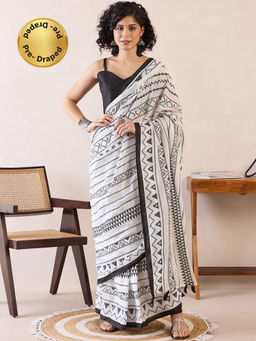 Sareemall - Womens Cotton White Printed Ready To Wear Saree with Unstitched Blouse