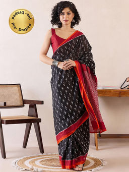 Sareemall - Womens Cotton Black Printed Ready To Wear Saree with Unstitched Blouse