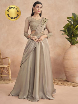 Akhilam - Womens Satin Silk Beige Embroidered Ready To Wear Saree with Unstitched Blouse