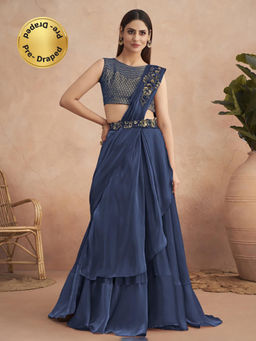 Akhilam - Womens Satin Silk Navy Blue Embroidered Ready To Wear Saree with Unstitched Blouse
