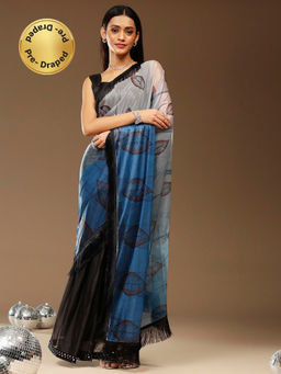 Akhilam - Womens Lycra Blue Printed Ready To Wear Saree with Unstitched Blouse