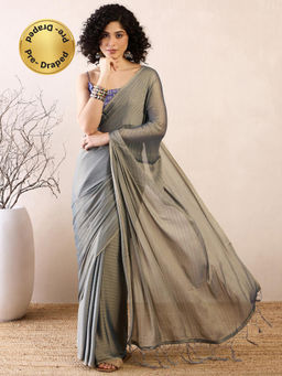 Sareemall - Women Poly Georgette Grey Stripes Pre-Draped Saree with Unstitched Bloue