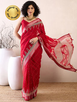 Sareemall - Women Cotton Linen Red Printed Pre-Draped Saree with Unstitched Bloue