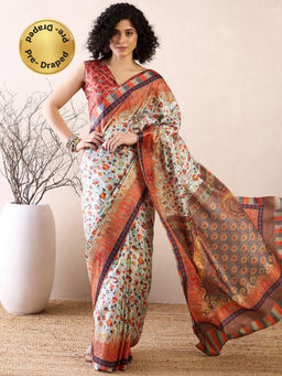 Sareemall - Women Poly Silk Green Printed Pre-Draped Saree with Unstitched Bloue