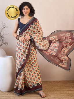 Sareemall - Women Cotton Blend Beige Printed Pre-Draped Saree with Unstitched Bloue