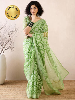 Sareemall - Women Brasso Green Printed Pre-Draped Saree with Unstitched Bloue