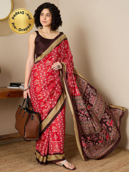 Akhilam - Women Silk Blend Red Printed Saree with Unstitched Bloue
