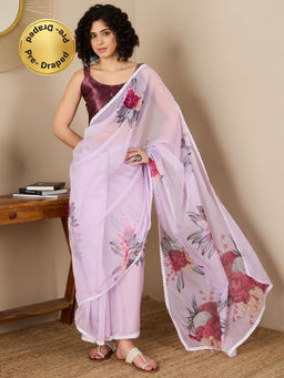 Sareemall - Women Organza Lavender Printed Saree with Unstitched Bloue
