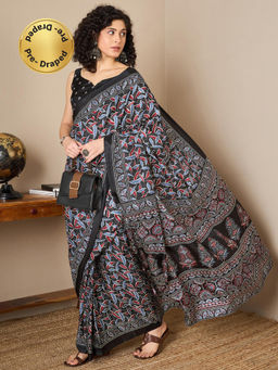 Akhilam - Women Silk Blend Black Printed Pre-Draped Saree with Unstitched Bloue