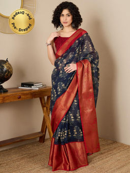 Sareemall - Women Cotton Blend Navy Blue Printed Saree with Unstitched Bloue
