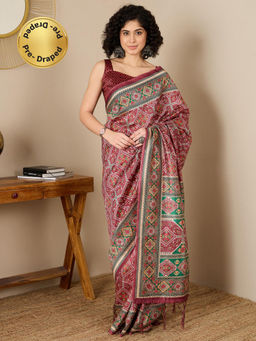 Akhilam - Women Silk Blend Brown Printed Pre-Draped Saree with Unstitched Bloue