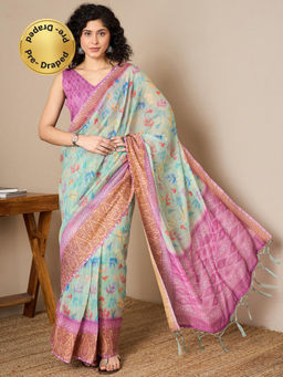 Akhilam - Women Silk Green Printed Saree with Unstitched Bloue