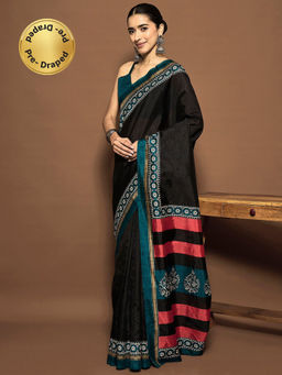 Akhilam - Black Women's Bhagalpuri Silk Printed Pre Drape Saree with Unstitched Blouse