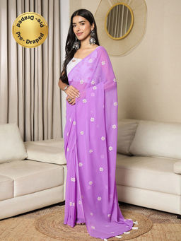 Akhilam - Lavender Women's Georgette Embroidery Pre Drape Saree with Unstitched Blouse
