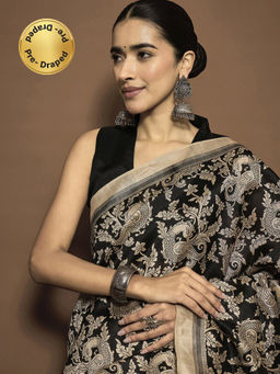 Akhilam - Womens Bhagalpuri Silk Black Printed Ready To Wear Saree with Unstitched Blouse
