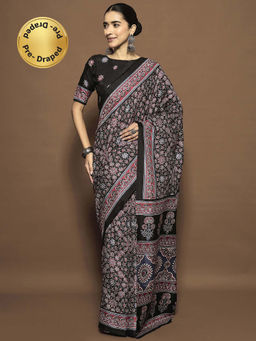Akhilam - Womens Dola Silk Black Digital Print Ready To Wear Saree with Unstitched Blouse