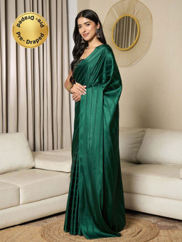 Akhilam - Womens Satin Green Solid Ready To Wear Saree with Unstitched Blouse