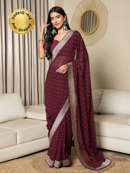 Akhilam - Womens Georgette Wine Printed Ready To Wear Saree with Unstitched Blouse