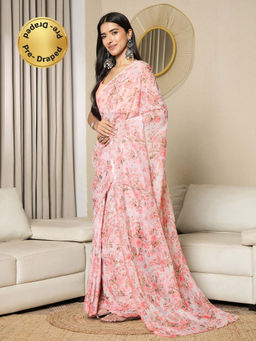 Akhilam - Womens Organza Off White Ready To Wear Saree with Unstitched Blouse