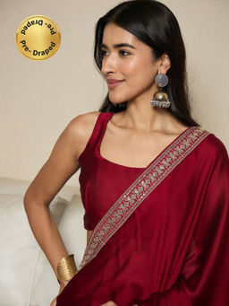 Akhilam - Womens Satin Maroon Lace Work Ready To Wear Saree with Unstitched Blouse