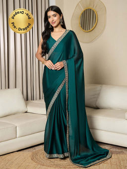 Akhilam - Womens Satin Teal Blue Lace Work Ready To Wear Saree with Unstitched Blouse