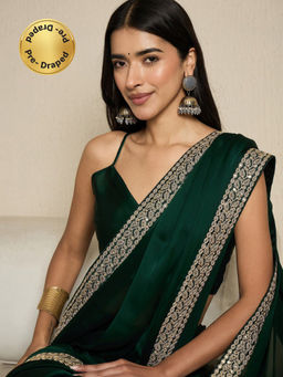 Akhilam - Womens Satin Dark Green Lace Work Ready To Wear Saree with Unstitched Blouse