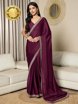 Akhilam - Womens Satin Wine Embellished Ready to Wear Saree with Unstitched Blouse