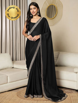 Akhilam - Womens Satin Black Embellished Ready to Wear Saree with Unstitched Blouse